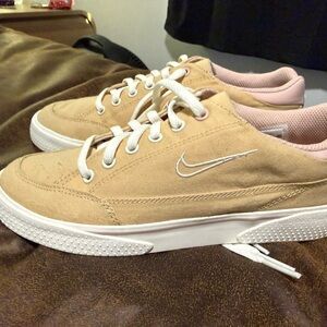 Nike Beige Canvas Sneakers with Pink Interior and White Swoosh